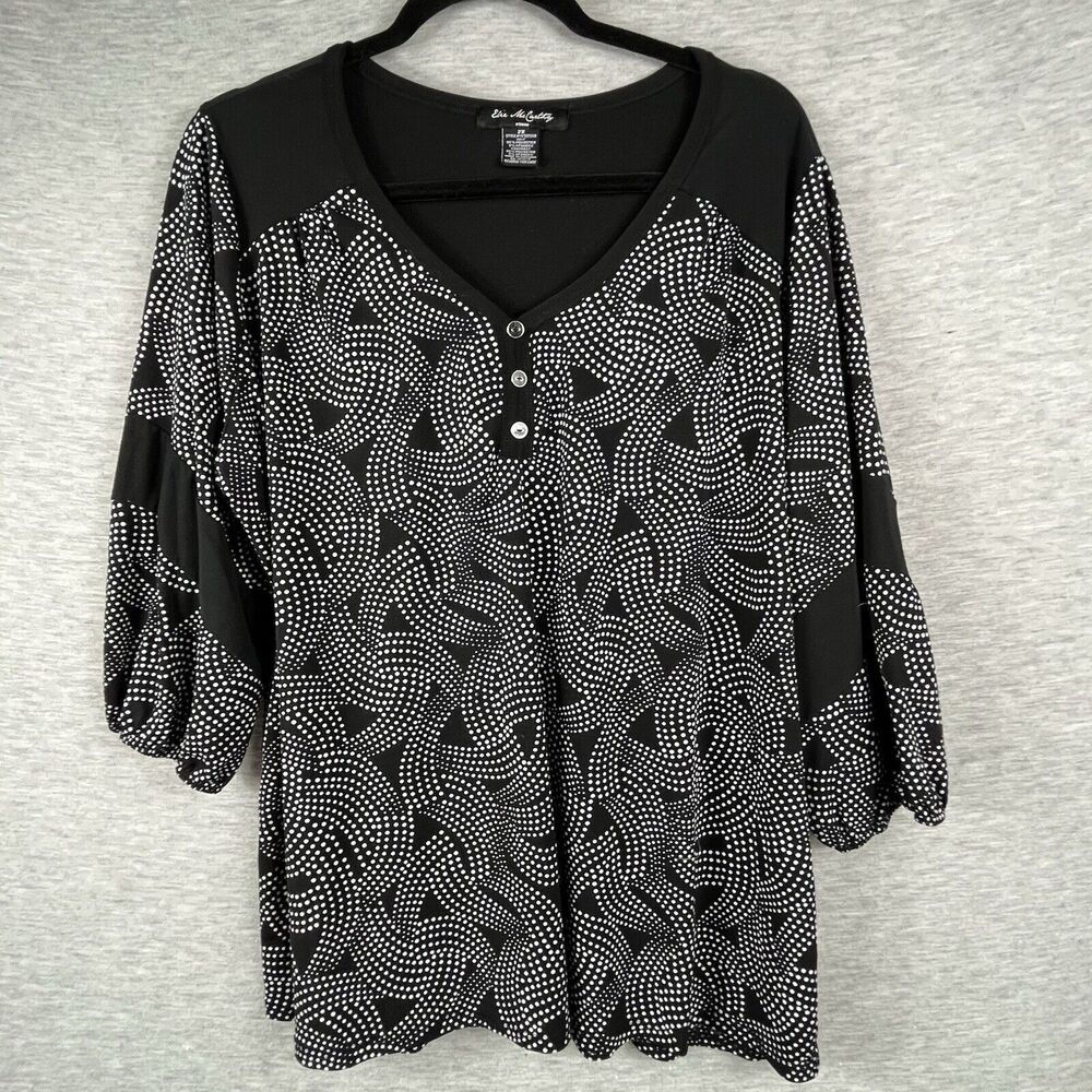 Elie McCarthy Size 2x Slinky Black And White Geometric Pattern Blouse 3/4 Sleeve